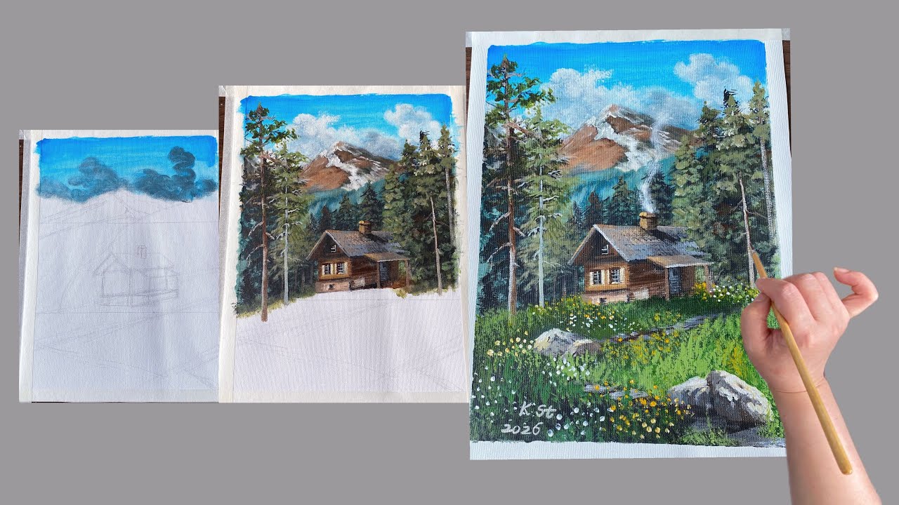How to paint Log Cabin in the woods/#009/Acrylic/Landscape Painting
