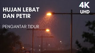 1 Jam Suara Hujan Lebat dan Petir dengan Sorot Lampu Jalanan (4K UHD)
