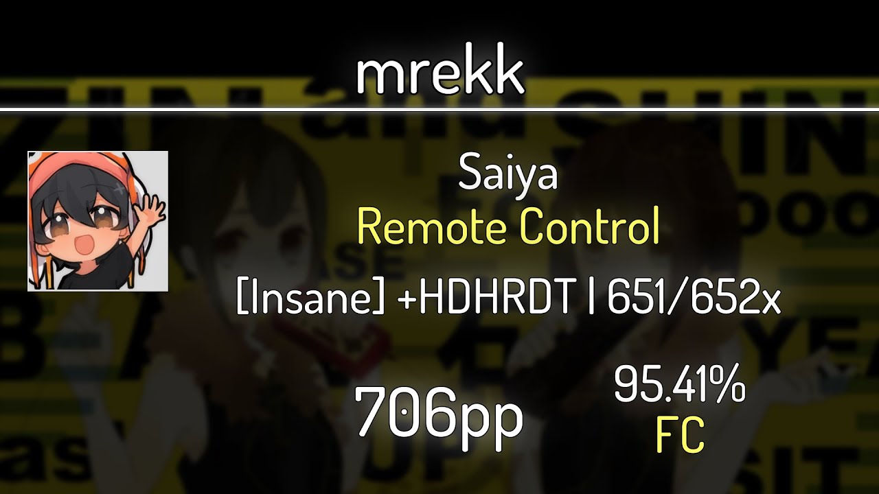 mrekk (8.3⭐) Saiya - Remote Control [Insane] +HDDTHR 95.41% | 651x FC | 706 PP
