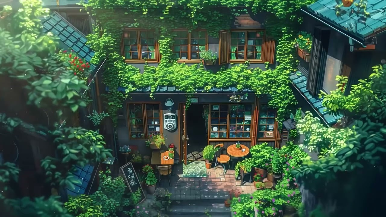 “Cozy Hidden Courtyard Café | Ghibli-Style Aesthetic Ambience” ☕️ Relaxing , Study & Focus