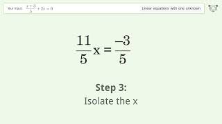 Linear equation with one unknown: Solve (x+3)/5+2x=0 step-by-step solution