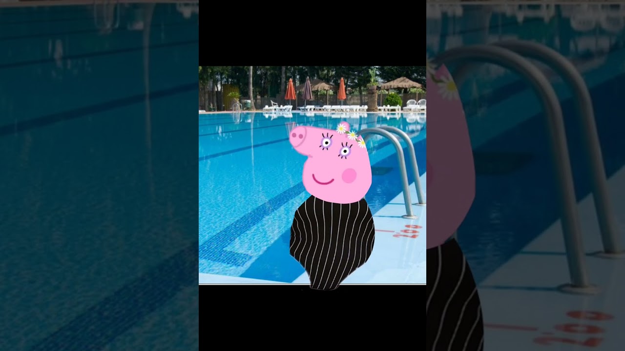 Each pig jups into the pool styles, Daddy pig is too big for the swimming pool