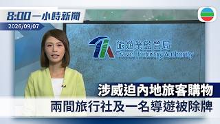 無綫8:00一小時新聞:旅監局撤銷兩間旅行社及一名導遊牌照 涉威迫內地旅客購物|金正恩出席驅逐艦姜健號入列儀式 強調朝鮮將依法行使自衛權|香港新聞|無綫新聞|TVB News|2026/09/07 無綫8:00一小時新聞:旅監局撤銷兩間旅行社及一名導遊牌照 涉威迫內地旅客購物|金正恩出席驅逐艦姜健號入列儀式 強調朝鮮將依法行使自衛權|香港新聞|無綫新聞|TVB News|2026/09/07