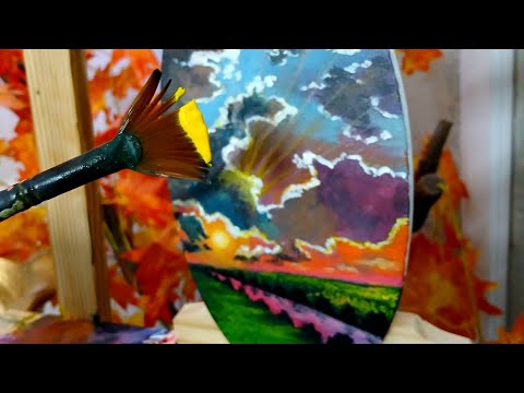 How to paint Mesmerizing Sunset Cloudscape on 10" Oval Canvas | Relaxing Art for Beginners 🌅✨️
