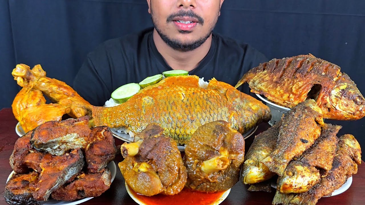 Eating Spicy Whole Telapia Fish Curry,Chicken Leg,Mutton Kosha,Fish Fry With Rice || Asmr Mukbong