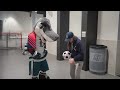 Bay FC's Brandi Chastain Tests Skills with Sharkie from the San Jose Sharks