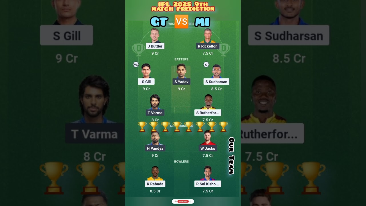 Ipl 2025 9th match GT 🆚 MI dream 11 prediction 🏆🥇💵 