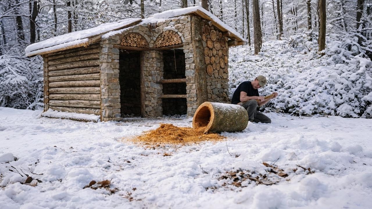 Primitive Cabin Build in the Forest | Wood, Stone and Pure Skill