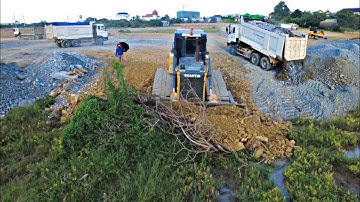 Fantastic Landfill Work! Fill Stones into Flood Zone by SHantui DH17C3 Dozer Pushing with Heavy Dump