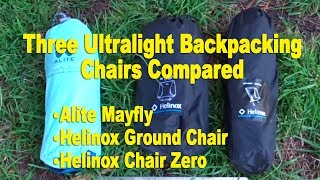 A three-way review/comparison of three very nice ultralight backpacking chairs. The Alite Mayfly, the Helinox Ground Chair and the 