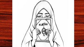 How To Draw A Covered Girl - Drawing A Woman In A Hijab Holding Quran - Pencil Drawing Girl Drawing