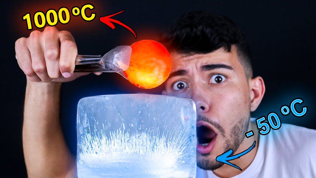 O QUE ACONTECE SE JOGAR UMA BOLA A 1000° GRAUS NO CUBO DE GELO GIGANTE? - experimentos