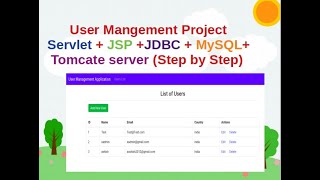 User Management Project (CRUD Operations) using Servlet +JSP +JDBC +MySQL+Tomcat (Step by Step)