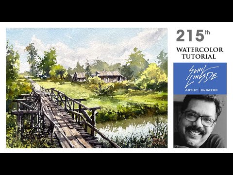 how to draw a watercolor landscape painting | rural scene | village ...