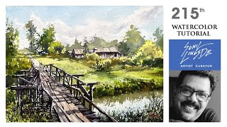 how to draw a watercolor landscape painting | rural scene | village scene | Sunil Linus De