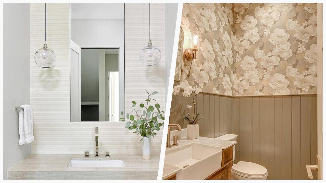 75 Large Light Wood Floor Powder Room Design ☆ - YouTube