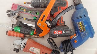 Engineering Tools Collection, Drill, Grinder, Hammer, Screwdriver, Pliers, Wrench, Cutting Pliers.