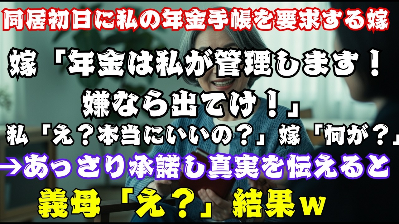 【スカッとする話】「嫌なら出てけ！」初日から年金手帳を要求する強欲妻。笑顔で承諾し、真実を明かすと妻の顔から血の気が引いていき…【スカッと】【シニア】.