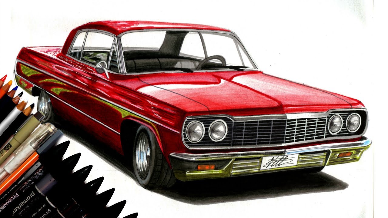 artville, car drawing, realistic drawing, chevrolet impala, chevy, marker, ...