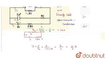 In the figure shown, the capacity of the condenser C is 2muC . The current in 2 Omega resistor i...