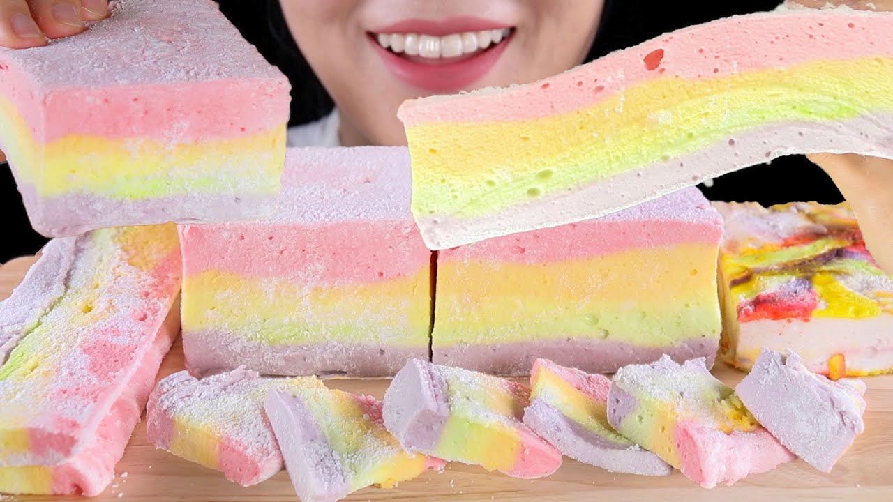 ASMR MUKBANG | Handmade Rainbow Marshmallows | Fluffy and Squishy Satisfying Sounds