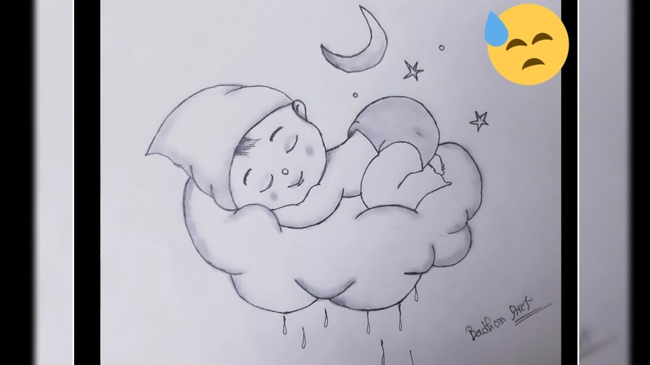 A Dreaming Baby boy sleeping on clouds - PENCIL SKETCH