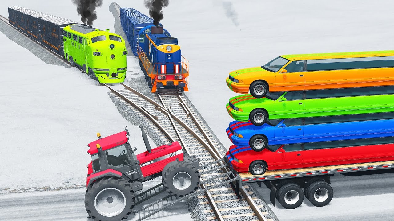 Four Limousine Long Cars Flatbed Tractor Truck Rescue - Car vs Double Trains and Rails - BeamNG OMDs