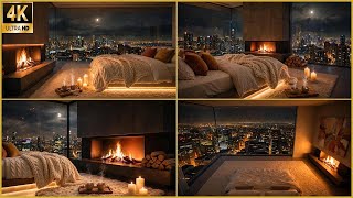 Cozy Bedroom with Rain & Fireplace Sounds | City View Night Ambience for Sleep, Study & Focus 🌨️🔥