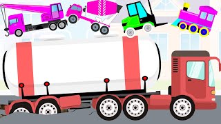 Truk Tangki Air Terperosok!! Kartun Memperbaiki Jalan Aspal Rusak Dengan Mobil Truk Molen Pink