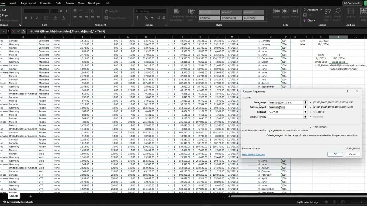 How to find the total between two dates using the sumifs in microsoft