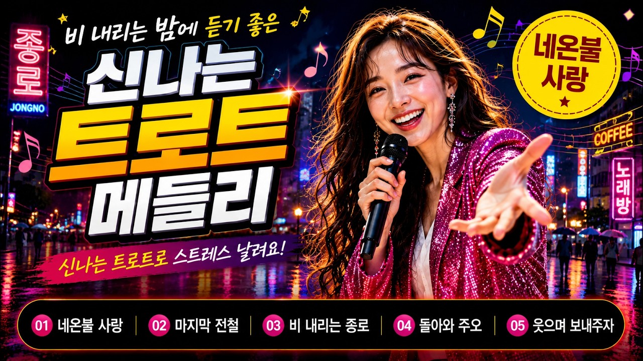 네온불 사랑 🎵 비 내리는 밤에 듣기 좋은 신나는 트로트 메들리 5곡..#네온불사랑 #ai트로트  #트로트 #트로트메들리 #신나는트로트  #관광버스트로트 #디스코트로트 #중년가요