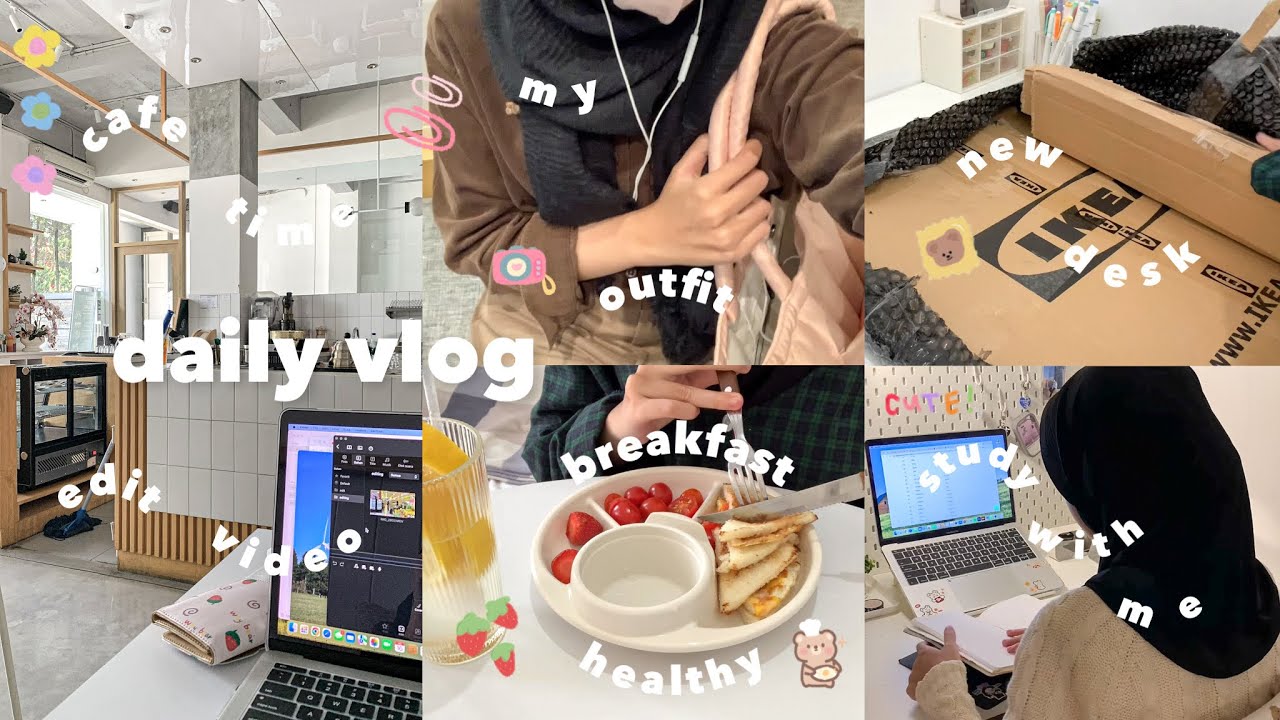 daily vlog 🧸🍓: cafe and editing , new desk , korean food , study , breakfast healthy🥪🍳