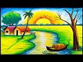Beautiful sunset nature drawing with oil pastel scenery drawinghow to drow beautiful  scenery