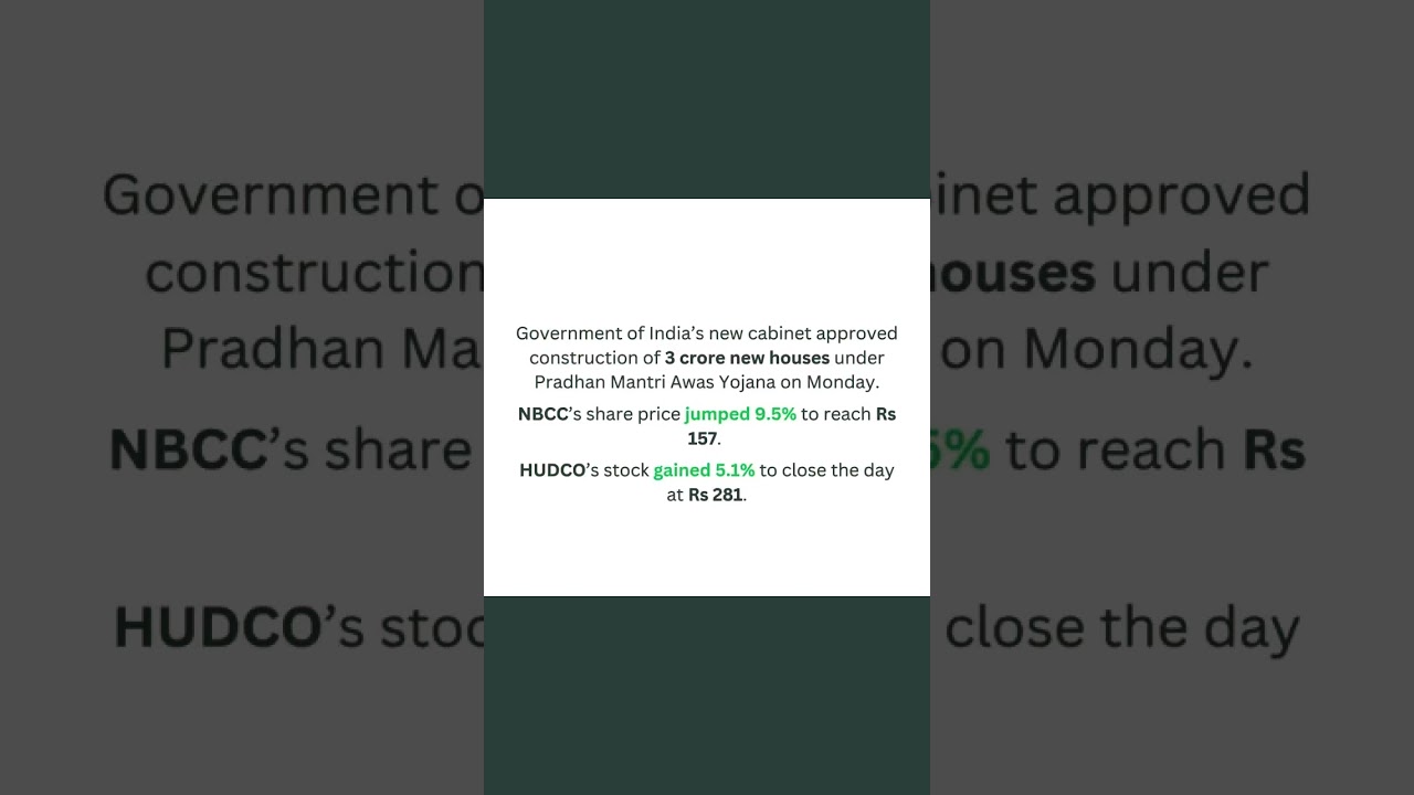 NBCC and HUDCO stock rally after government approves construction of 3 Crore houses - 11th June 2024