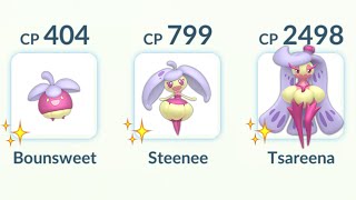 Shiny (Bounsweet, Steenee, Tsareena) Family in Pokemon GO.