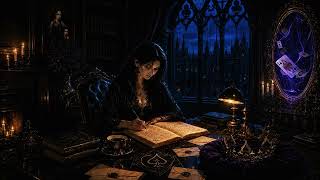 AI Generated, Dark Academia, Woman, Gothic, Fantasy, Library, Rain, Night | Live Wallpaper 4K
