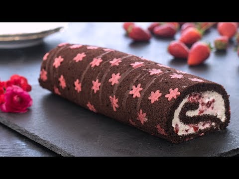 Chocolate Strawberry Swiss Roll - Flower Decorated Chocolate Strawberry Swiss Roll