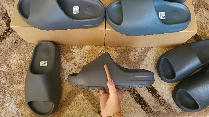 YEEZY SLIDE GRANITE NEXT TO SLATE MARINE SLATE GRAY & ONYX IN HAND AND CLOSE UP COLOR COMMPERSION