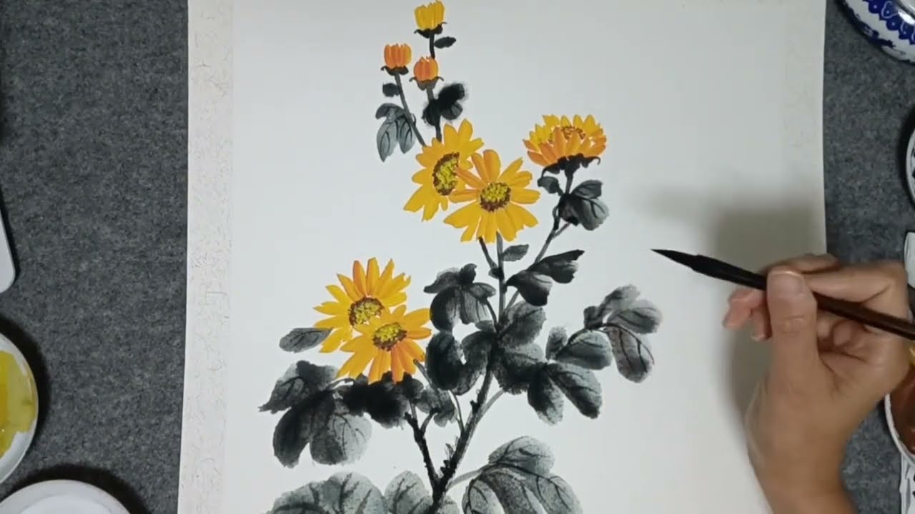国画写意花鸟，黄色小雏菊的没骨画法二- YouTube
