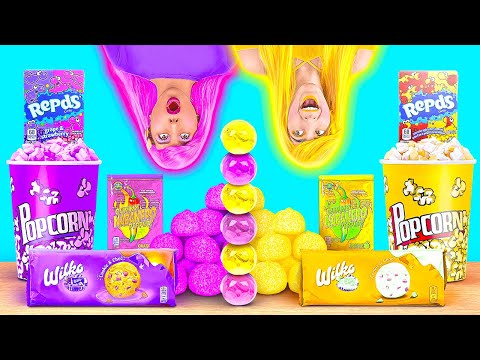EATING ONLY ONE COLOR FOOD FOR 24 HRS! Last To STOP Wins! PURPLE VS YELLOW Food by 123 GO! CHALLENGE