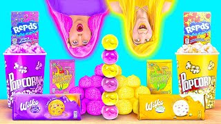 EATING ONLY ONE COLOR FOOD FOR 24 HRS! Last To STOP Wins! PURPLE VS YELLOW Food by 123 GO! CHALLENGE