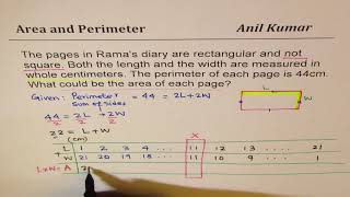 Rectangle perimeter of 44 cm find all possible integer value of length width and area