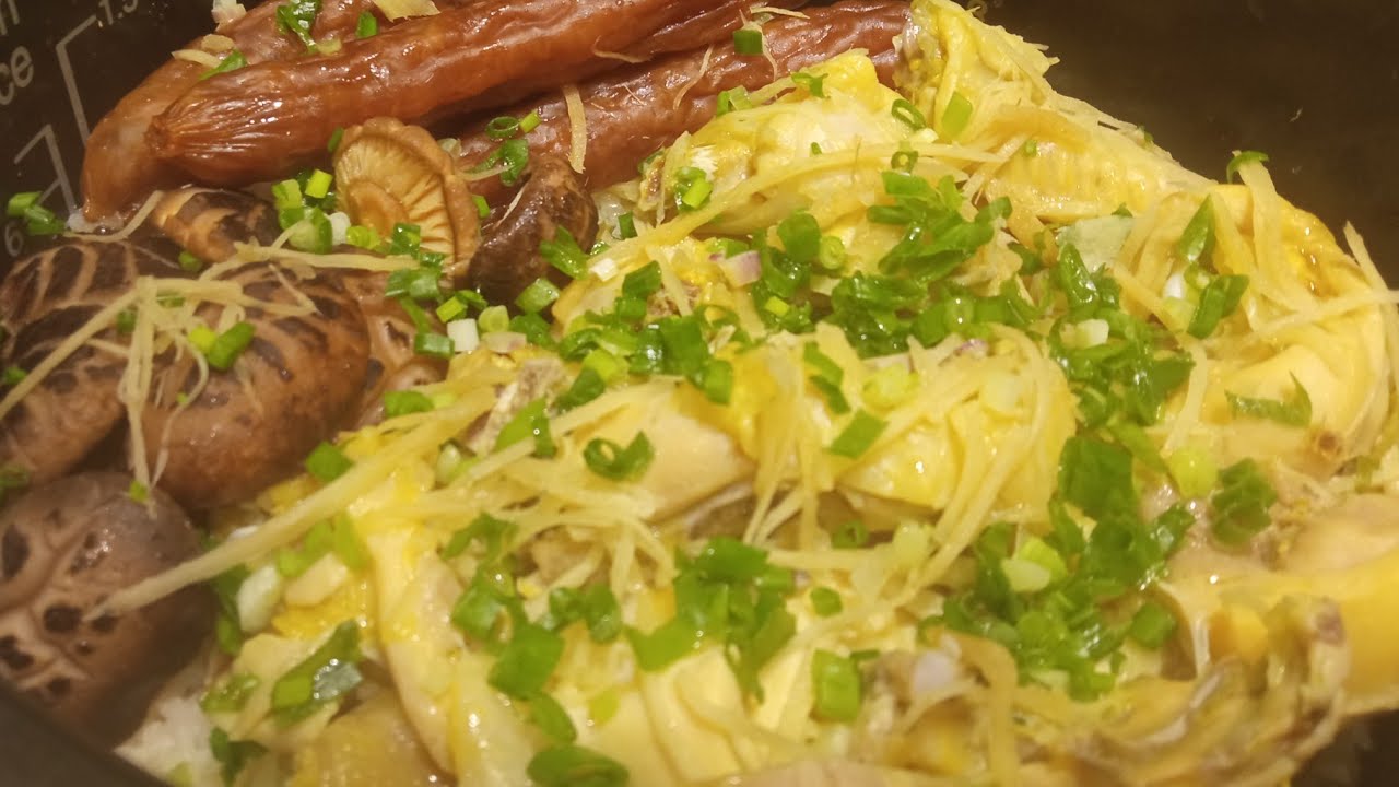 Rice Cooker Chicken Rice with Chinese Sausage and Shiitake Mushrooms
