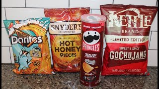 Doritos Baja Fiery Mango, Snyder’s of Hanover Hot Honey,Pringles BBQ Brisket,Kettle Brand Gochujang