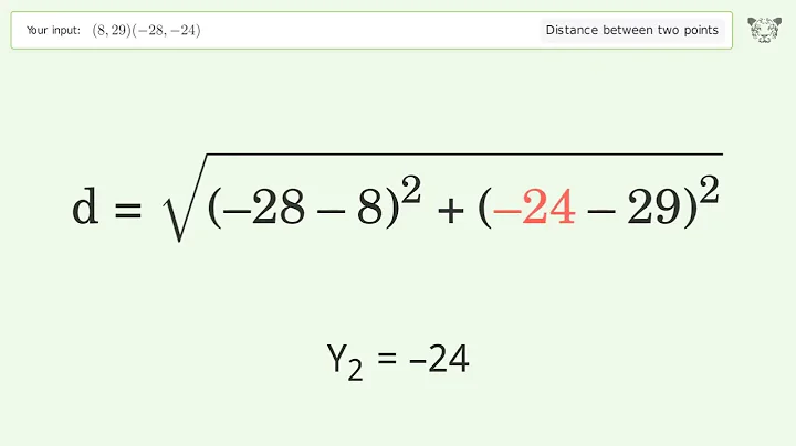 Find the distance between two points p1 (8,29) and p2 (-28,-24): Step-by-Step Video Solution