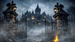 Abandoned Gothic Mansion at Night 🔥 Foggy Entrance &amp; Dark Castle Ambience (Creepy Relaxing Sounds)