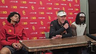 USC HC Lincoln Riley, QB Jayden Maiava, S Bishop Fitzgerald after 34-24 loss at Notre Dame 10.18.25 