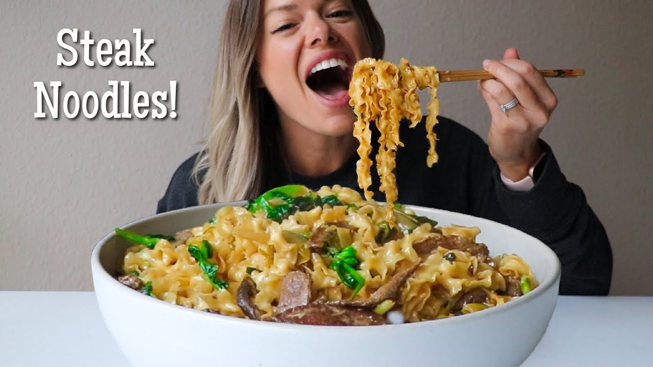 Ginger Scallion Noodles MUKBANG + RECIPE w/ Seared Flank Steak, Shiitake Mushrooms + Pea Shoots!