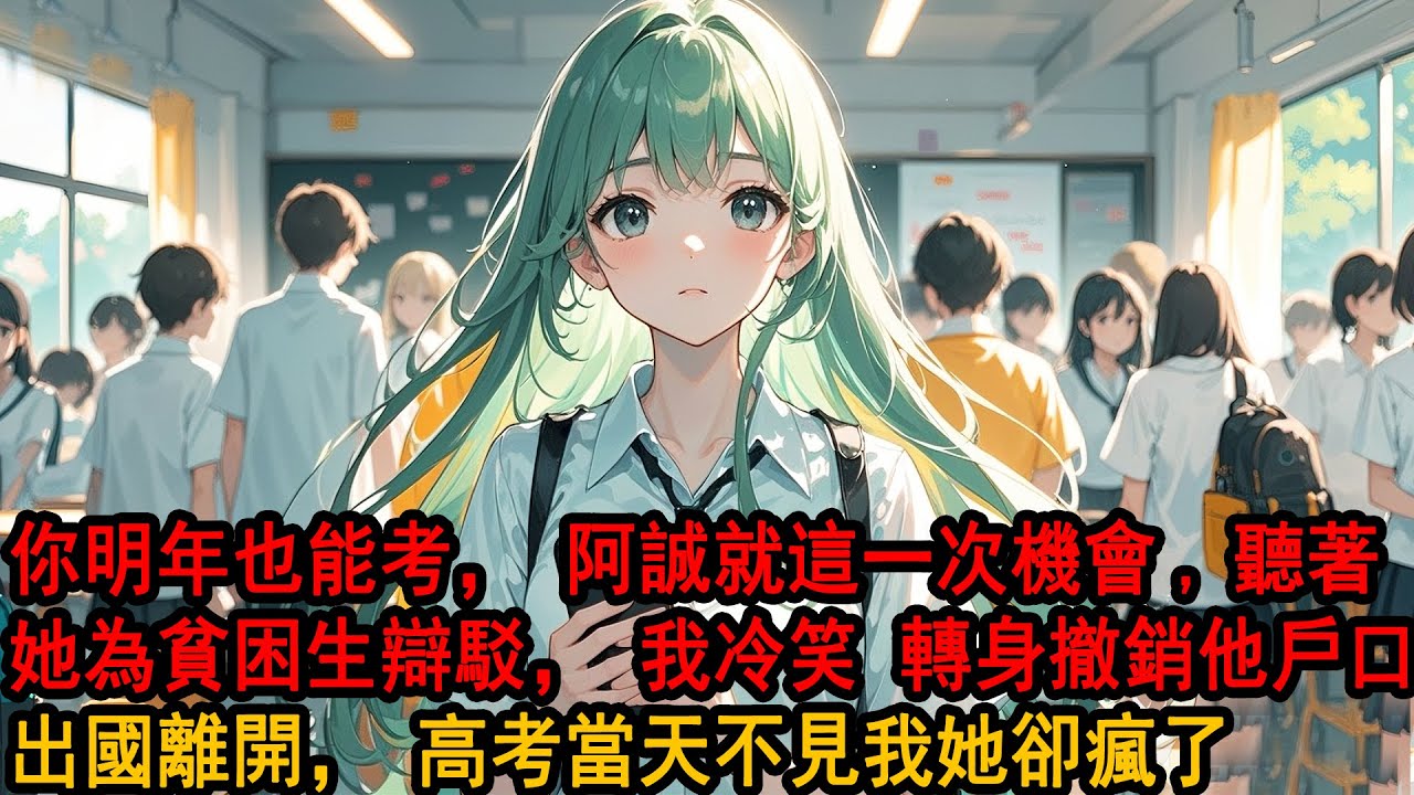 高考前三個月，學校來了一個轉學生，青梅給他遷戶口我沒鬧，他散佈我謠言我沒惱，直到高考前他傷我手錯失考場，她還在為他說話：你明年也能考，阿誠就這一次機會。轉身撤銷他戶口出國離開，高考當天不見我她卻瘋了