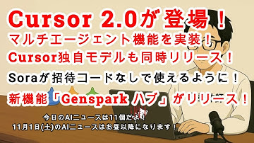 【AIニュース #196】「Cursor 2.0」が登場！これは課金したくなる！！新機能「Genspark ハブ」がリリース！Soraが招待コードなしで使えるように！